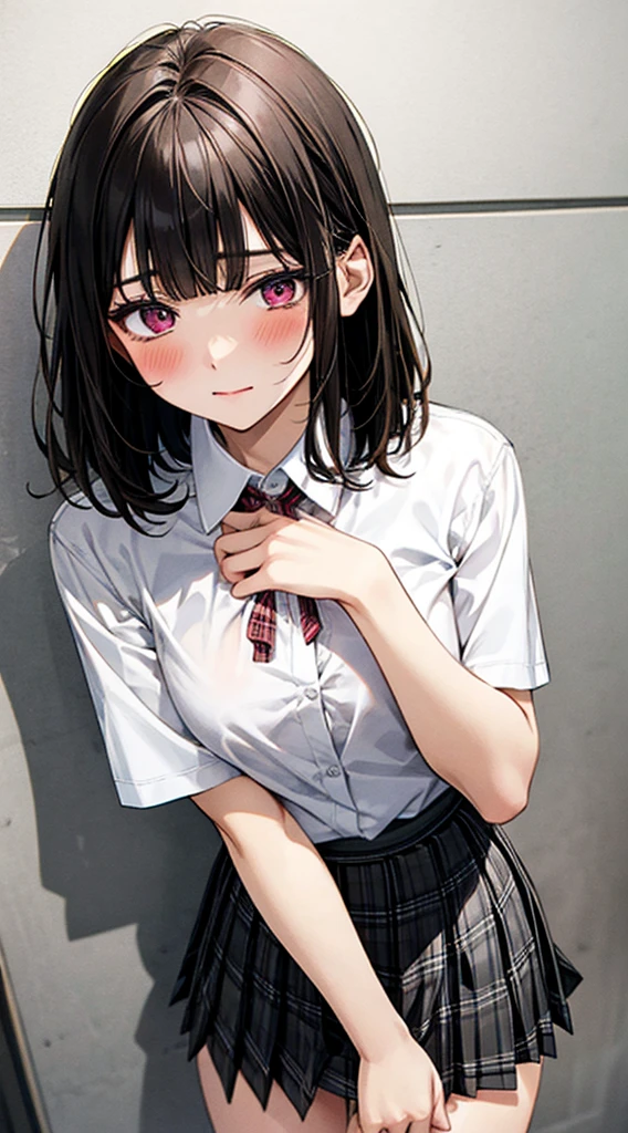 (masterpiece, best quality),
1girl, standing, undressing, hands on chest, cowboy shot,,
BREAK girl, 18yo, (medium breasts:1.1), black hair, (medium hair:1.2), (curly hair:0.9), blunt bangs,
pink eyes, ultra detailed eyes,(tareme:1.1),
half-closed eyes, blush
BREAK (school uniform), (white collared shirt, plain pattern shirt, short sleeves, white sleeves, shirt tucked in:1.2), (red plain pattern neck ribbon, narrow neck ribbon:1.1), (open clothes:1.2),pink bra
BREAK (black and grey plaid pattern skirt:1), (pleated skirt, miniskirt:1.2),
BREAK office,