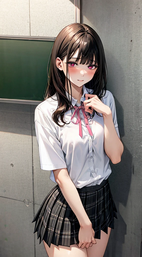 (masterpiece, best quality),
1girl, standing, undressing, hands on chest, cowboy shot,,
BREAK girl, 18yo, (medium breasts:1.1), black hair, (medium hair:1.2), (curly hair:0.9), blunt bangs,
pink eyes, ultra detailed eyes,(tareme:1.1),
half-closed eyes, blush
BREAK (school uniform), (white collared shirt, plain pattern shirt, short sleeves, white sleeves, shirt tucked in:1.2), (red plain pattern neck ribbon, narrow neck ribbon:1.1), (open clothes:1.2),pink bra
BREAK (black and grey plaid pattern skirt:1), (pleated skirt, miniskirt:1.2),
BREAK office,