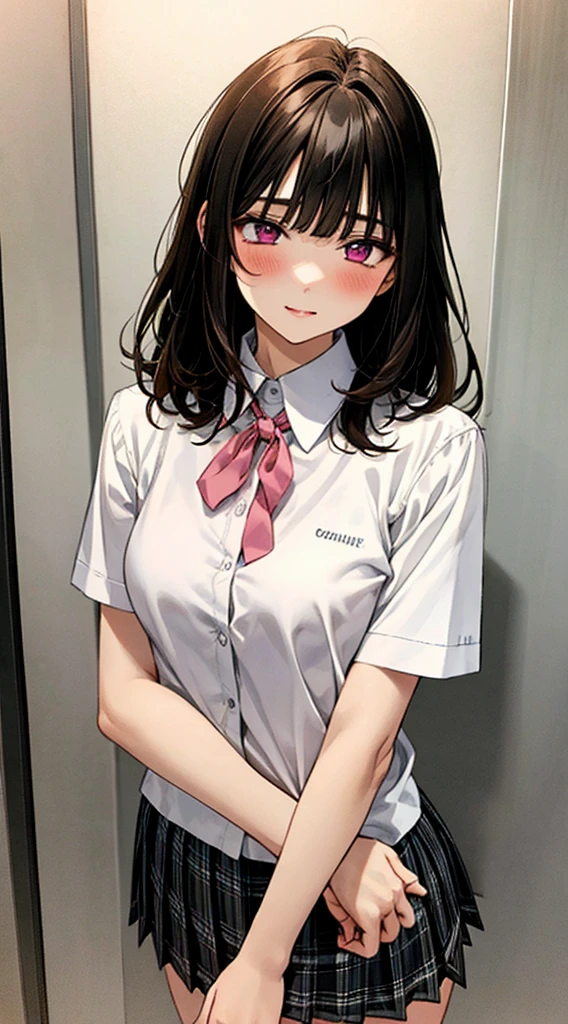 (masterpiece, best quality),
1girl, standing, undressing, hands on chest, cowboy shot,,
BREAK girl, 18yo, (medium breasts:1.1), black hair, (medium hair:1.2), (curly hair:0.9), blunt bangs,
pink eyes, ultra detailed eyes,(tareme:1.1),
half-closed eyes, blush
BREAK (school uniform), (white collared shirt, plain pattern shirt, short sleeves, white sleeves, shirt tucked in:1.2), (red plain pattern neck ribbon, narrow neck ribbon:1.1), (open clothes:1.2),pink bra
BREAK (black and grey plaid pattern skirt:1), (pleated skirt, miniskirt:1.2),
BREAK office,