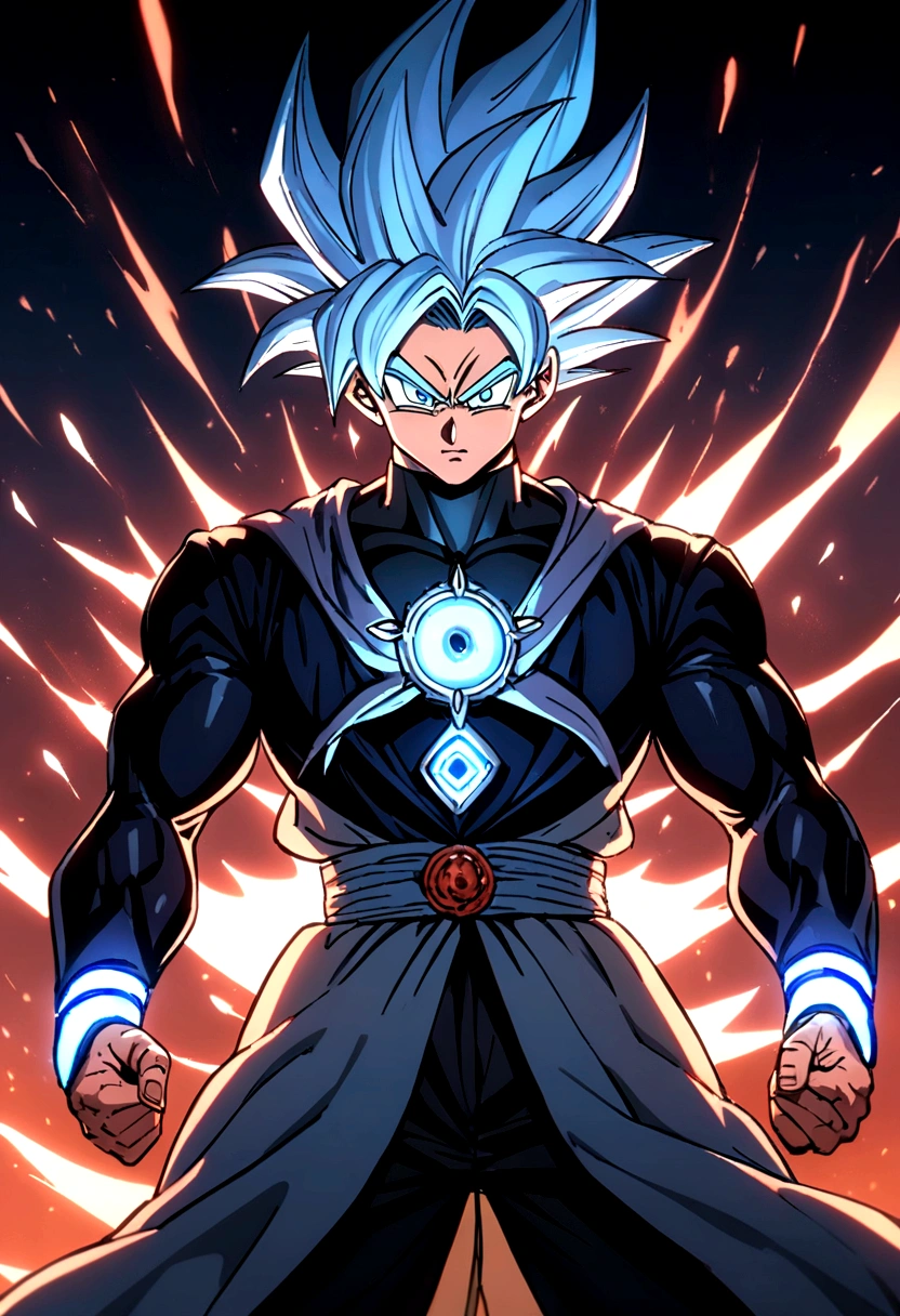Goku transformed into the dominated Ultra Instinct about to kill Hitler