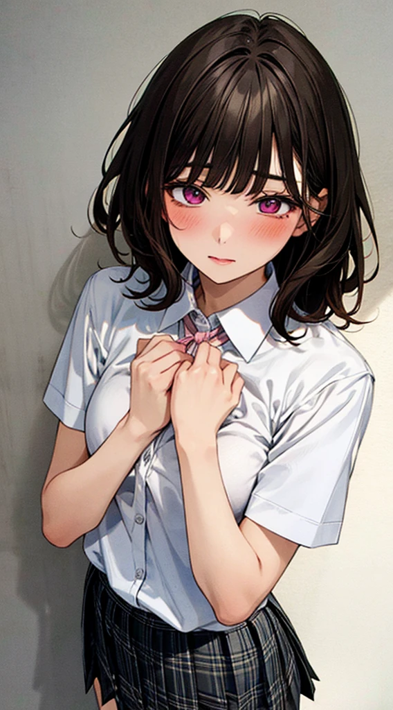 (masterpiece, best quality),
1girl, standing, undressing, hands on chest, cowboy shot,,
BREAK girl, 18yo, (medium breasts:1.1), black hair, (medium hair:1.2), (curly hair:0.9), blunt bangs,
pink eyes, ultra detailed eyes,(tareme:1.1),
half-closed eyes, blush
BREAK (school uniform), (white collared shirt, plain pattern shirt, short sleeves, white sleeves, shirt tucked in:1.2), (red plain pattern neck ribbon, narrow neck ribbon:1.1), (open clothes:1.2),pink bra
BREAK (black and grey plaid pattern skirt:1), (pleated skirt, miniskirt:1.2),
BREAK office,