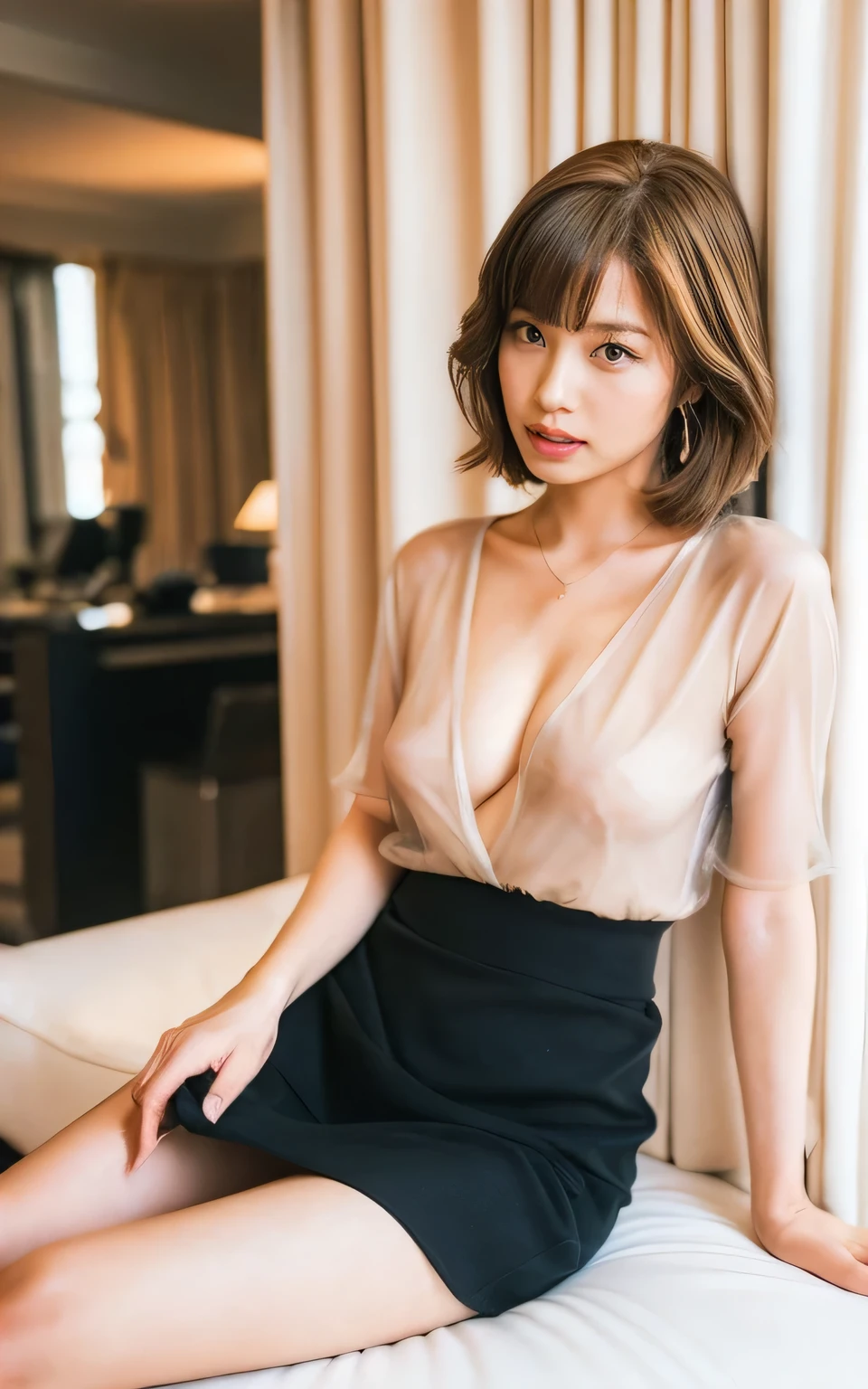 ((Wide-angle shooting, Naughty photos, Clear photos, Take a full body photo:1.5)),
(See-through short-sleeved shirt, Check tight skirt, Thong, Breast enlargement:1.8),
(nipples look good, A crotch that makes you want to touch it, Beautiful bare legs, Ultra-detailed skin:1.4),
((Wrap yourself in a futon and do naughty things with me:1.5)),
((A naughty futon laid out in a spacious living room, Spotlight:1.4)),
((20-year-old, Beautiful school girl, Naughty lips, Half open lips, Body facing forward:1.4)),
((Her body is incredibly beautiful and stylish, She has a troubled look:1.2)),
((Beautiful breasts, Small breasts, Flat Chest, chest is slightly drooping:1.2)),
Eye focus, Narrow shoulders, Beautiful clavicle, Thin arms, Thin legs, The back of the hand is beautiful and feminine, Slim figure, Soft belly, Tight waist, Highly detailed face, super detailed breasts, Ultra-detailed skin, Fair skin, Shiny skin, Ultra-detailed lips, Fuller lips, Thick and soft lips, Glossy pink lips, Blushing, White teeth, blue eyes, Beautiful actress makeup, Dark and cute makeup, Dark lipstick, Dark brown hair, Delicate and soft hair, (Put your hair up, Fluffy short bob:1.2), (Sweep your bangs to the side:1.2), (Stylish earrings,necklace:1.2),