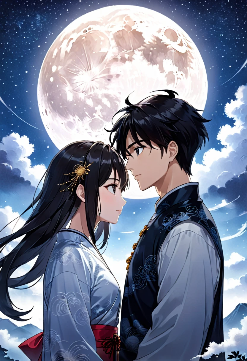 a couple in love under a full moon and starry sky, detailed anime style portrait, ancient chinese ink painting style art, manga cover style, moon behind them, clean and detailed anime style, guys, digital anime illustration, detailed and clean anime art, detailed manga style, illustration anime, anime style illustration, 4k anime style, detailed digital anime art Look at each other