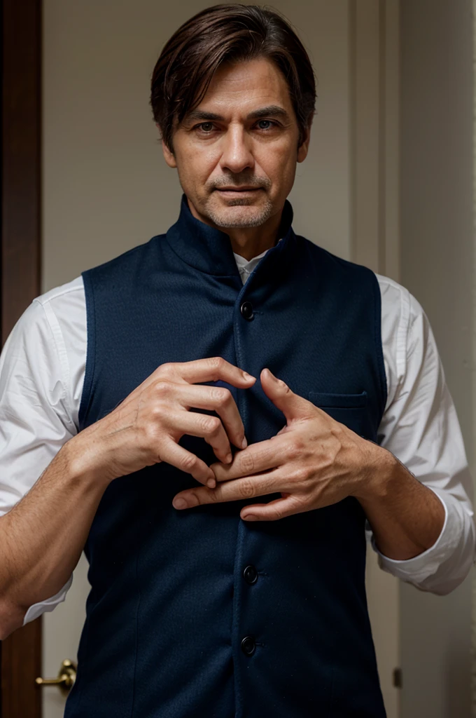 hands with 5 well-defined fingers, ultra realistic age between 35 to 40 years, with navy blue vest