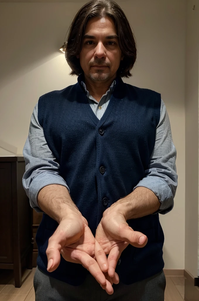 hands with 5 well-defined fingers, ultra realistic age between 35 to 40 years, with navy blue vest