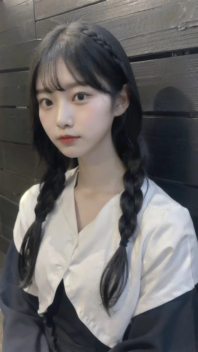 Portrait of a young East Asian girl in a navy blue and white sailor-style . She has long black hair styled in two braids, with straight bangs across her forehead. The girl has large, dark eyes and a small, delicate nose. Her expression is neutral, looking directly at the camera. The background shows a dark blue wooden wall with some green ivy or vine leaves visible to the side. The lighting is soft and natural, creating a slightly moody atmosphere. High-resolution image with sharp focus on the face