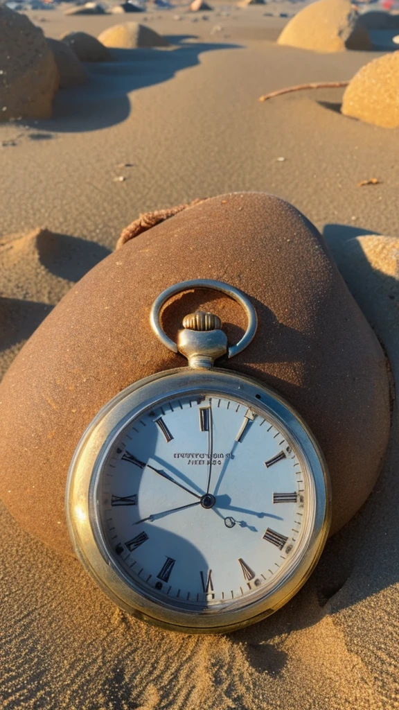 A broken old pocket watch washed up on a beautiful sandy beach