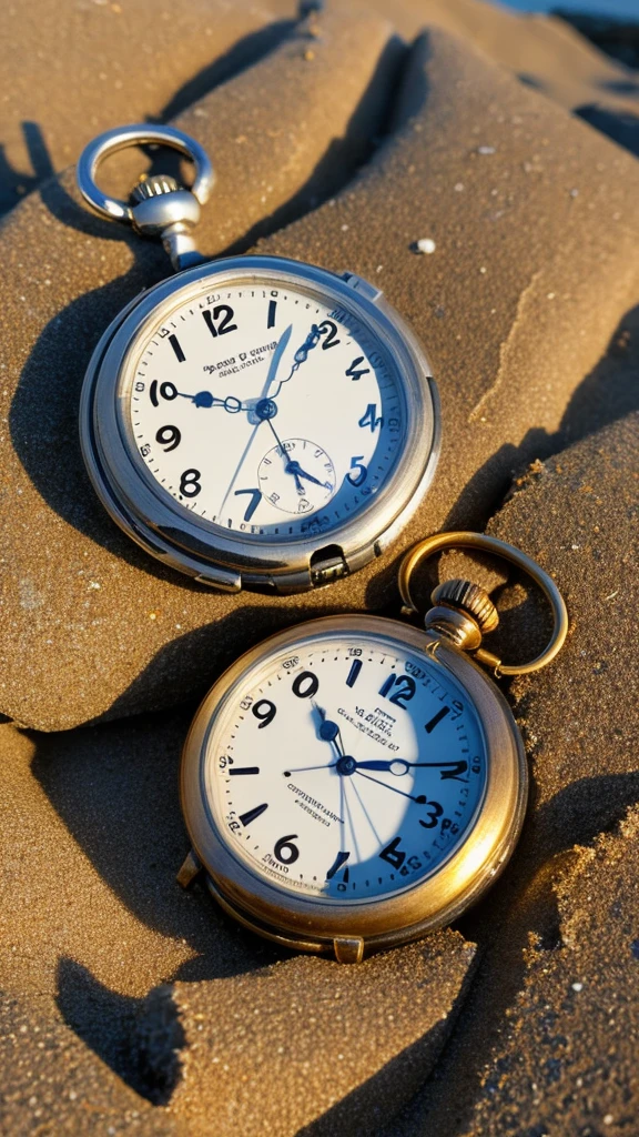 A broken old pocket watch washed up on a beautiful sandy beach