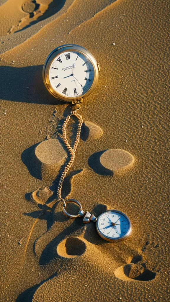 A broken old pocket watch washed up on a beautiful sandy beach