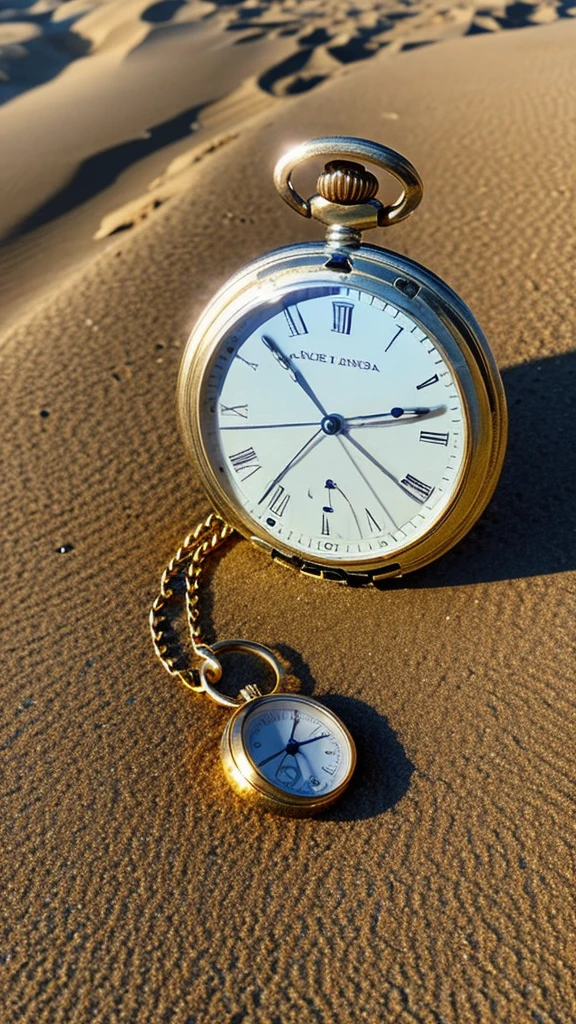 A broken old pocket watch washed up on a beautiful sandy beach