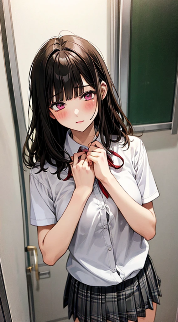 (masterpiece, best quality),
1girl, standing, undressing, hands on chest, cowboy shot,,
BREAK girl, 18yo, (medium breasts:1.1), black hair, (medium hair:1.2), (curly hair:0.9), blunt bangs,
pink eyes, ultra detailed eyes,(tareme:1.1),
half-closed eyes, blush
BREAK (school uniform), (white collared shirt, plain pattern shirt, short sleeves, white sleeves, shirt tucked in:1.2), (red plain pattern neck ribbon, narrow neck ribbon:1.1), (open clothes:1.2),pink bra
BREAK (black and grey plaid pattern skirt:1), (pleated skirt, miniskirt:1.2),
BREAK office,