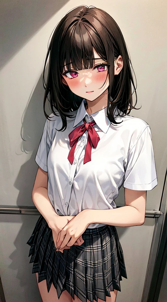 (masterpiece, best quality),
1girl, standing, undressing, hands on chest, cowboy shot,,
BREAK girl, 18yo, (medium breasts:1.1), black hair, (medium hair:1.2), (curly hair:0.9), blunt bangs,
pink eyes, ultra detailed eyes,(tareme:1.1),
half-closed eyes, blush
BREAK (school uniform), (white collared shirt, plain pattern shirt, short sleeves, white sleeves, shirt tucked in:1.2), (red plain pattern neck ribbon, narrow neck ribbon:1.1), (open clothes:1.2),pink bra
BREAK (black and grey plaid pattern skirt:1), (pleated skirt, miniskirt:1.2),
BREAK office,
