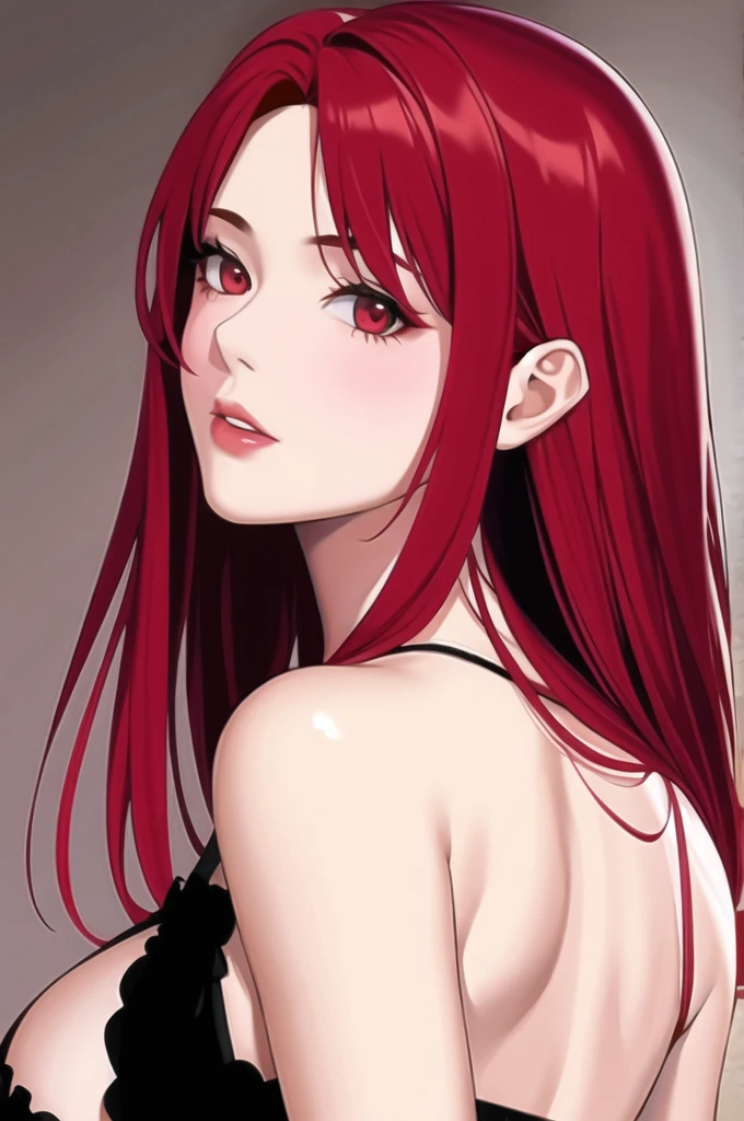 One girl, alone,Red Theme,View your viewers,Large Breasts,Portraiture,From the side,Bad boy,((Mature Woman))