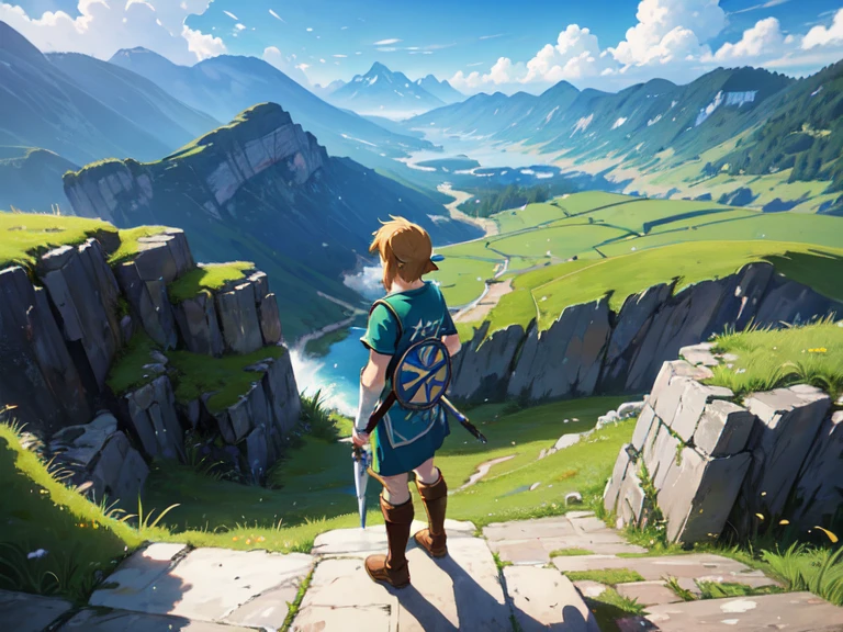 Impressionism,Rainerism,The Legend of Zelda, Hero Link with the Master Sword in hand、A scene looking out over the land of Hyrule。In the background is a vast grassland and Death Mountain in the distance.、There&#39;s a bright light in the sky。Link looks brave.、Confident。