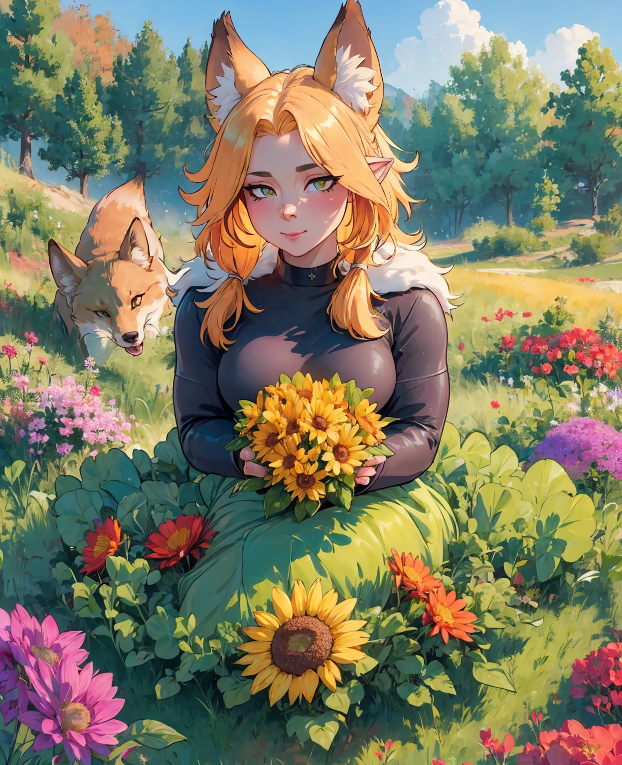 a cute, adorable fox, beautiful detailed eyes, beautiful detailed nose, beautiful detailed mouth, extremely detailed fur, soft fluffy fur, glowing amber eyes, pointy ears, playful expression, sitting in a field of flowers, colorful wildflowers, lush green grass, warm golden hour lighting, vibrant colors, highly detailed, 8k, photorealistic