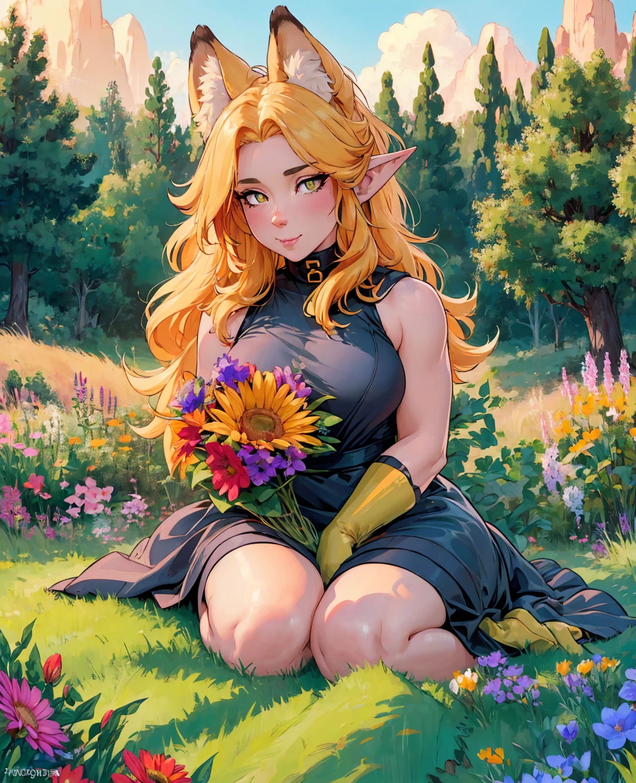 a cute, adorable fox, beautiful detailed eyes, beautiful detailed nose, beautiful detailed mouth, extremely detailed fur, soft fluffy fur, glowing amber eyes, pointy ears, playful expression, sitting in a field of flowers, colorful wildflowers, lush green grass, warm golden hour lighting, vibrant colors, highly detailed, 8k, photorealistic