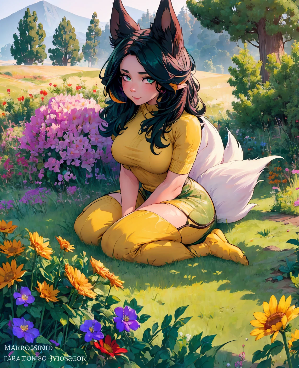 a cute, adorable fox, beautiful detailed eyes, beautiful detailed nose, beautiful detailed mouth, extremely detailed fur, soft fluffy fur, glowing amber eyes, pointy ears, playful expression, sitting in a field of flowers, colorful wildflowers, lush green grass, warm golden hour lighting, vibrant colors, highly detailed, 8k, photorealistic