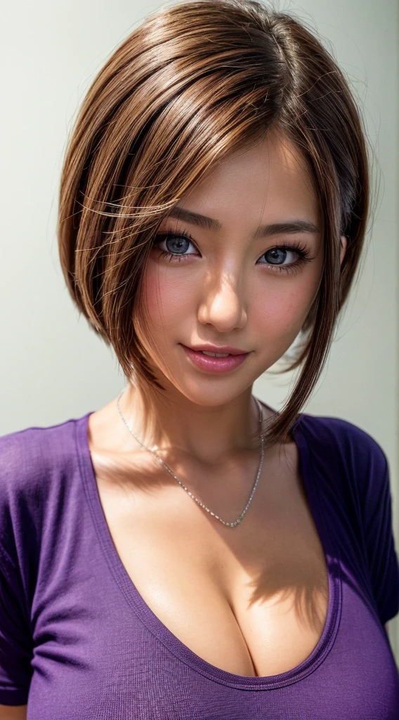 1 girl, solo, japanese, best quality, ultra high res, raw photo, (photorealistic:1.4), masterpiece, detailed face, detailed eyes, detailed skin, glossy skin, (purple tee:1.2), (gigantic breasts:1.1), short hair, smile, silver necklace, looking at viewer, front view, against white wall,