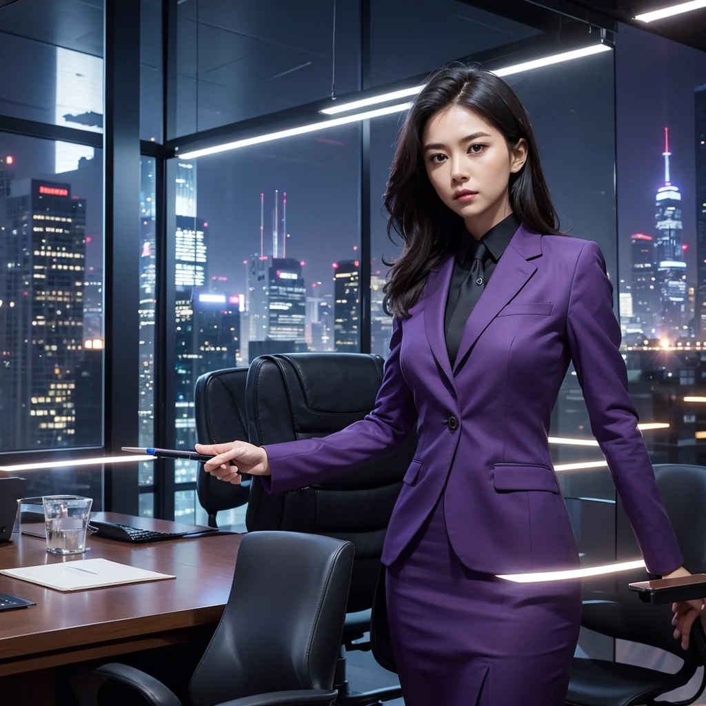 Create an image of a strict-looking female wearing a purple business suit and holding a long pointer. Set her in a commanding and authoritative environment, such as a corporate boardroom or a professional presentation setting. Enhance the image with a vibrant and dynamic background, such as a bustling city skyline or a futuristic office with innovative technology. Capture the seriousness and focus of her demeanor against a backdrop that adds depth and impact to her leadership presence.