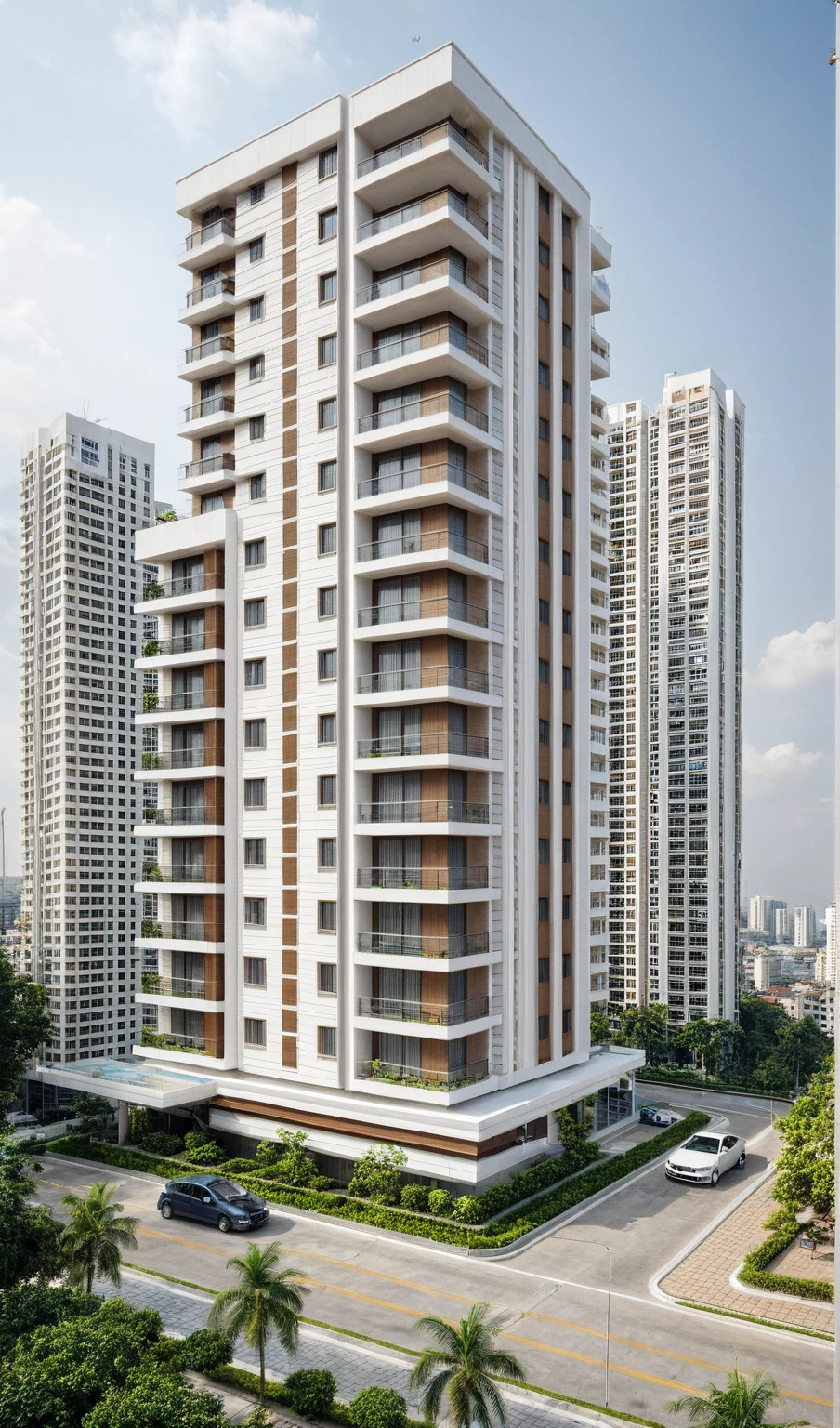 a residential towers, with a small podium at the ground floor and white color, in the Ho Chi Minh city in Viet Nam, The highlight is the brown wall, exuding a neat, sharp look., designed in the style of modern architectural style. The towers have rectangular balconies on each side.side view,During the daytime, natural lighting, architectural photography, masterpiece, best quality, photorealism, ultra relistic,