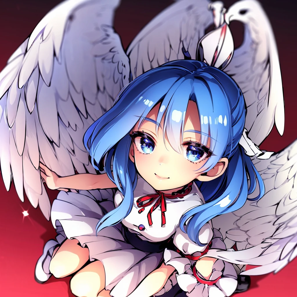 (best quality,4k,8k,highres,masterpiece:1.2), ultra-detailed, highly detailed texture, intricate details, A cute age angel with blue eyes, drawn in anime style, 1girl, , , 10 ydium blue hair, hair flaps, pink ribbon on head, well-formed face, blue eyes, angel girl, white blouse, puffy short sleeves, red ribbon, angel wings, long white skirt, red shoes, frills, ribbon head, A pair of angel wings on the back