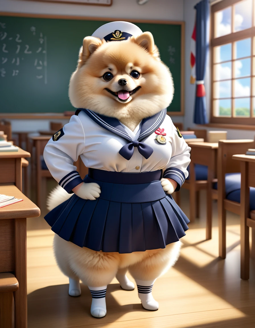  photorealistic portrait of Dressed animals-a ((fat)) (Pomeranian) student,(furry), (elegant pose:1.5), (hands on hips:1.5),(smile:1.5),high quality,(),(lovely) ,intricate details, Wearing Japanese sailor uniform , (), highly detailed ((female sailor uniform)) ,highly detailed clothes, high sox , (happy), soft lighting,(full body image:2.0),in classroom background,clouds,score_9, score_8_up, score_7_up, score_6_up, score_5_up, score_4_up,