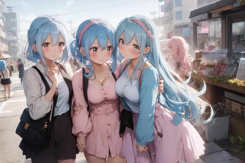 Modern city,Fluffy hair,Light blue hair,Blonde,Light pink hair,Headband,Braid,Autumn outfit,Short clothing that shows the buttocks,The sleeves of the dress are a little long,I can see a little cleavage,Moe sleeves,Date,Several people hugging each other,Embrace,watching each others eyes,Facing each other,blush with embarrassment,Happy expression,Hand in hand,Arms crossed,Flirting with a close-knit body