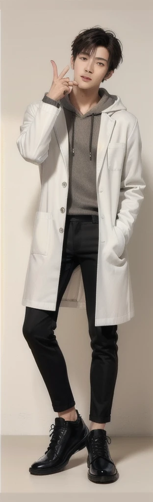 (photorealistic:1.2), (high detail face:1.3), (high detail hands:1.3), (anatomically correct hands:1.2), handsome young asian man, Japanese idol style, short clean-cut hair, ((center part)), (crisp white lab coat:1.3), ((black hoodie underneath:1.2)), (black pants:1.2), (black shoes:1.2), calm confident expression, (holding a product in right hand:1.3), (pointing with left index finger:1.3), explaining pose, plain white background, mid-shot portrait, full body view, high quality, detailed, 8K, (realistic skin texture:1.2), (sharp focus:1.1), (contrast between white coat and black clothing:1.2)