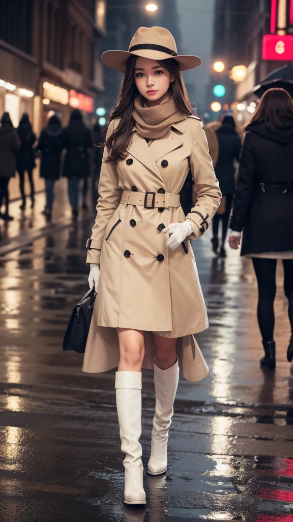 1girl with long brown hair wearing a fully buttoned up and belted buckle beige trench coat with a large light white winter wool scarf and white gloves at the hard rainy night city street full body 8k