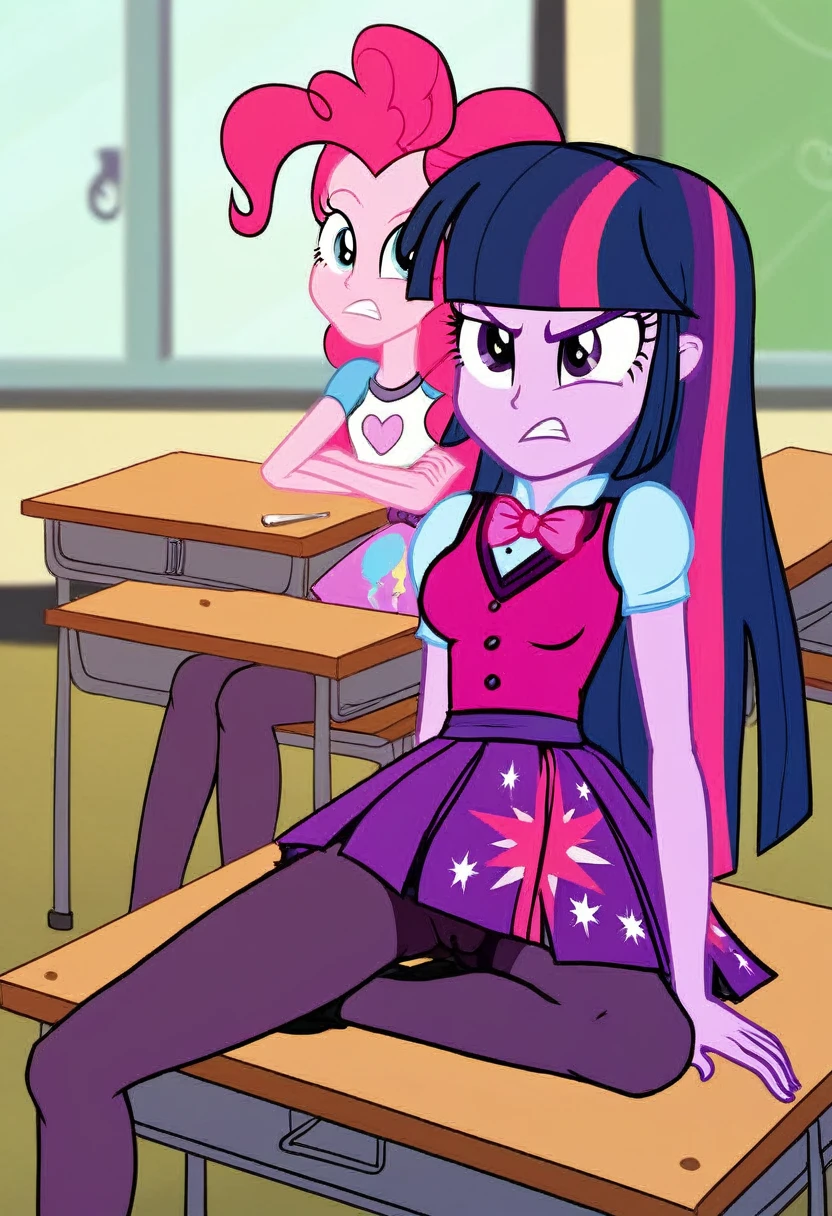 Eqg angry Twilight sparkle bodystocking he is sitting at a school desk and has a vagina. Pinkie pie