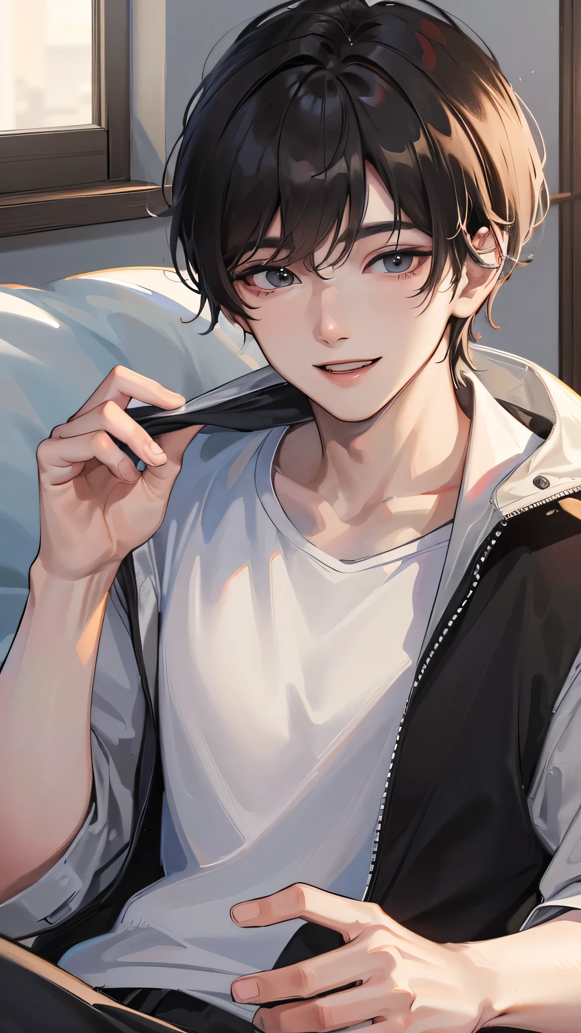 (best quality,4k,8k,highres,masterpiece:1.2),ultra-detailed, (looking at viewer) a young man in casual clothing, 22 years old, smile, indoors next to window, dynamic lighting, detailed, splash colors, close up