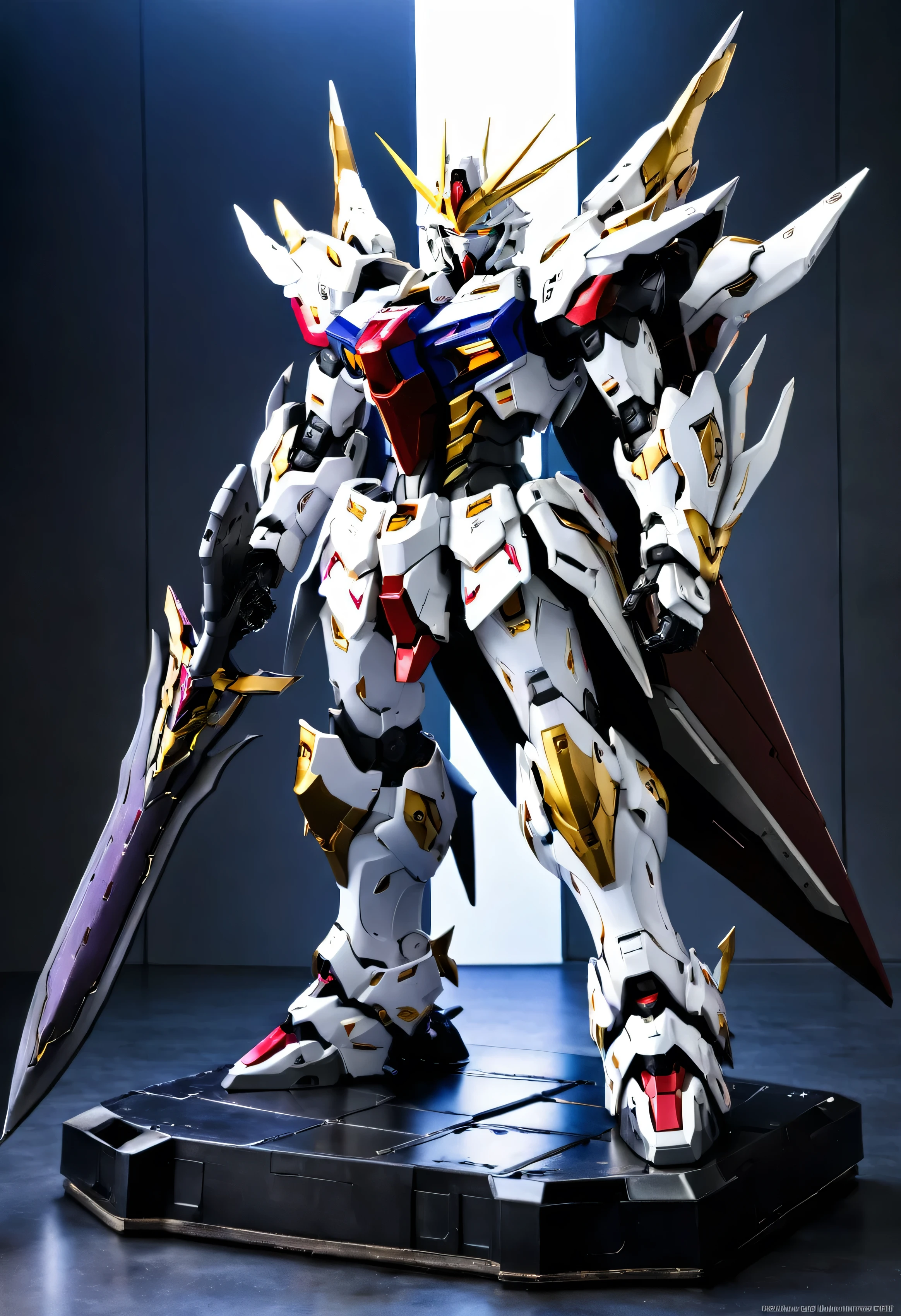 title: (Gundam Frame Barbatos: An Organized and Tidy Iron Knight), description: (This photo showcases a well-maintained and meticulously organized Gundam Frame Barbatos. Despite its reputation as one of the most powerful and brutal Gundams, Barbatos exudes an aura of tranquility and serenity in this image. Its weaponry and armor are neatly arranged, devoid of any signs of battle or damage), details: (Barbatos stands poised atop a gleaming metallic platform,
Its sword and shield rest neatly at its sides,
Other armaments, such as the mace and gatling gun, are meticulously arranged on racks behind it.
Barbatos' armor is immaculate, free of dust or grime,
The crimson and black hues of its armor retain their vibrancy), style: This photo is captured in portrait orientation, placing the spotlight on Barbatos itself. The composition is balanced and symmetrical, lending an air of composure and control. Excellent lighting accentuates Barbatos' intricate details,