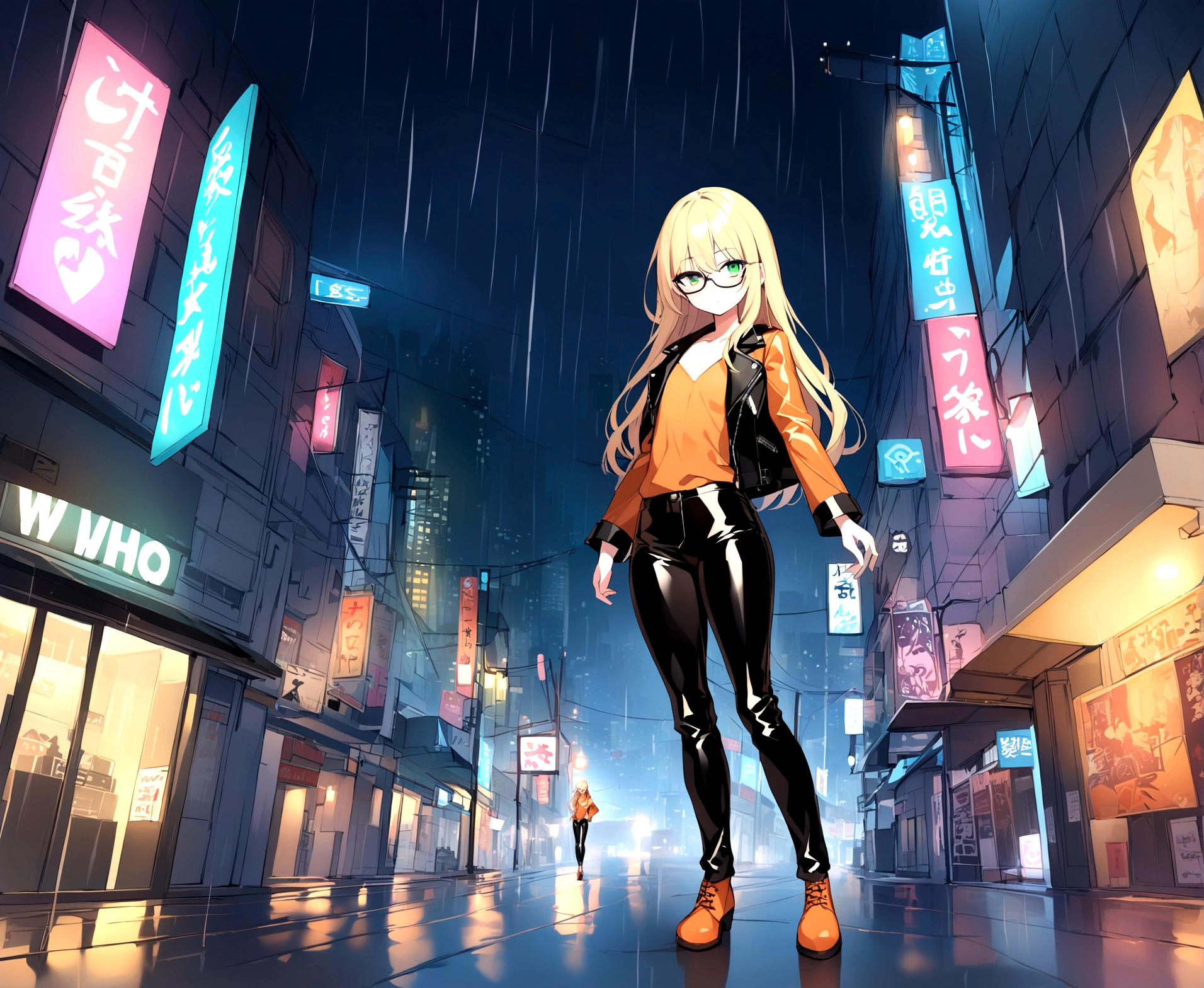 a beautiful girl, with long blonde hair, who wears black glasses, with wide hips, narrow waist, flat chest, pretty face, with green eyes, 18 years, perfect and glowing skin, wearing flared leather pants and a leather jacket, with an orange blouse, full body, That he is in a city at night and in the rain.