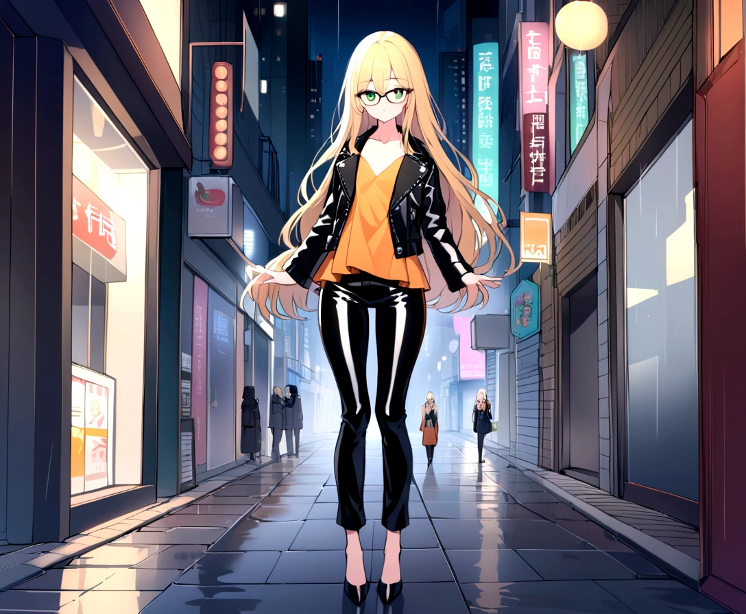 a beautiful girl, with long blonde hair, who wears black glasses, with wide hips, narrow waist, flat chest, pretty face, with green eyes, 18 years, perfect and glowing skin, wearing flared leather pants and a leather jacket, with an orange blouse, full body, That he is in a city at night and in the rain.