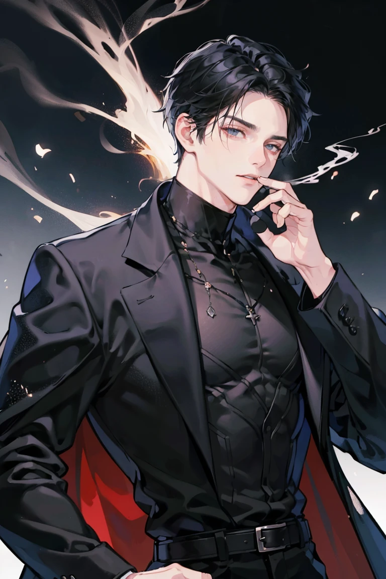 (masterpiece), best quality, seductive eyes, mature face, handsome man, jet black eyes, black wolfcut, black turtleneck, black pants, black coat, broad shoulders, anime cover, 1boy, masculine, smoking, adult-like look
