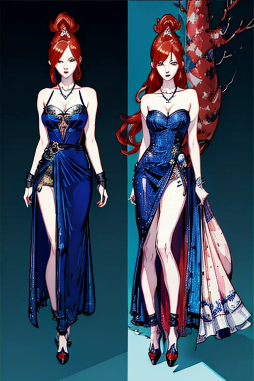 ((Yoshitaka Amano, illustration:1.2)), Tall, slender ((redhead:1.4)) woman of Irish descent. (pale:1.3)complexion. blue eyes, cute butt, nice legs. Kind eyes, cute smile, Mascara, eye shadow, blush, stylish dress, necklace, stiletto heels. Masterpiece, best quality,(highly detailed:1.2),(detailed face and eyes:1.2), 8k wallpaper, natural lighting. core shadows, high contrast, bokeh.