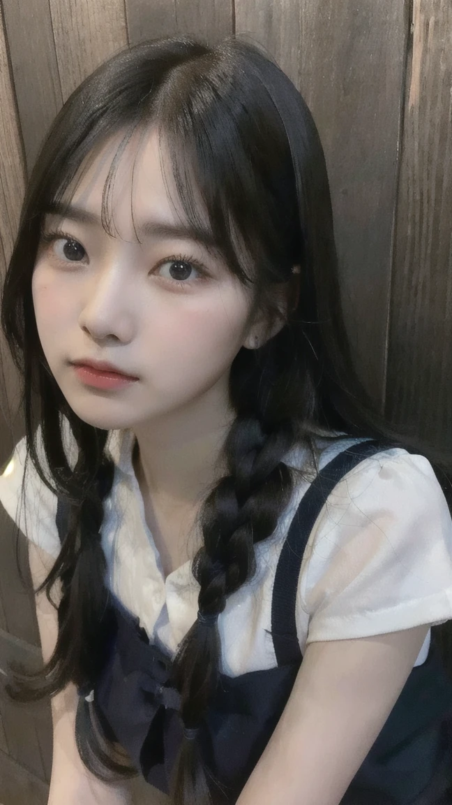 Portrait of a young East Asian girl in a navy blue and white sailor-style . She has long black hair styled in two braids, with straight bangs across her forehead. The girl has large, dark eyes and a small, delicate nose. Her expression is neutral, looking directly at the camera. The background shows a dark blue wooden wall with some green ivy or vine leaves visible to the side. The lighting is soft and natural, creating a slightly moody atmosphere. High-resolution image with sharp focus on the face
