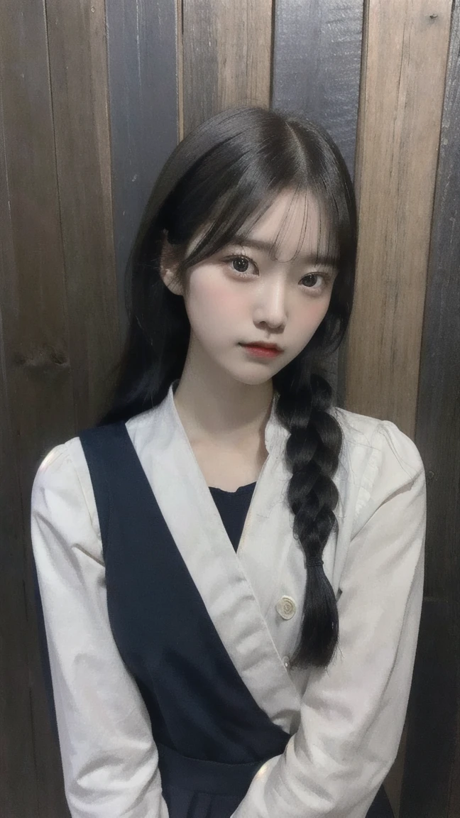 Portrait of a young East Asian girl in a navy blue and white sailor-style . She has long black hair styled in two braids, with straight bangs across her forehead. The girl has large, dark eyes and a small, delicate nose. Her expression is neutral, looking directly at the camera. The background shows a dark blue wooden wall with some green ivy or vine leaves visible to the side. The lighting is soft and natural, creating a slightly moody atmosphere. High-resolution image with sharp focus on the face