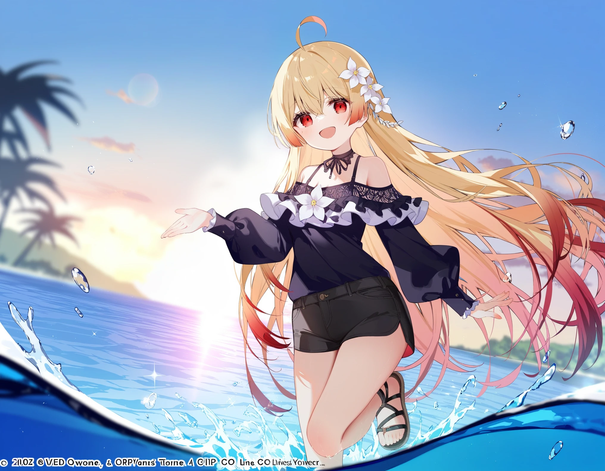 1girl, (by azumi kazuki:1.1), by ciloranko:1.1, (by omone_hokoma_agm:1.1), ((absurdres, official art, masterpiece)), best aesthetic, best quality, ultra detailed, intricate details, new, newest, glossy hair, moist skin, 18 years old, adult woman, medium breasts, blurry background, depth perception, solo, subject focus:1.1, depth perception, empty eyes, red eyes, solo, outdoors, long hair, shorts, water, ahoge, looking at viewer, long sleeves, sunset, standing, bare shoulders, hair ornament, black shorts, sandals, smile, wading, open mouth, sky, standing on one leg, shirt, flower, sun, hair between eyes, short shorts, blonde hair, very long hair, :d, dress, white flower, outstretched arm, cloud, off shoulder, black footwear
