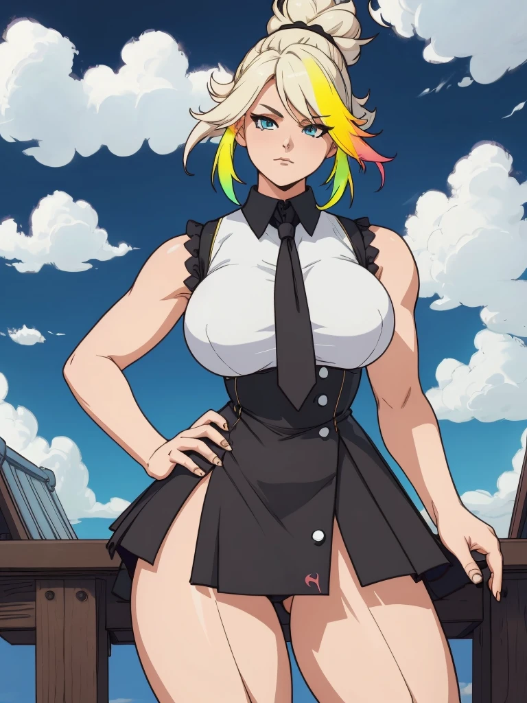 Pretty girl, blonde hair in bun, cute, black japanese uniform, black shirt, black collar, with tie, faccing viwer, looking at viwer, ((skinny hips)), atlethic arms, ((toned legs)), ((thighs on frame)), toned, (muscular female), (large breasts:1.2), curvy BREAK, ((short black skirt)), ((sleeveless)), ((bare thighs)), faccing viwer, cute face, (((vibrant colors:1.2), vivid BREAK intricate details, (masterpiece:1.3), (best quality:1.3), (perfect anatomy:1.4) BREAK, (beautiful white clouds:1.3), puffy clouds, white sky)), sulcate, cell shading, simple shading, clean lineart