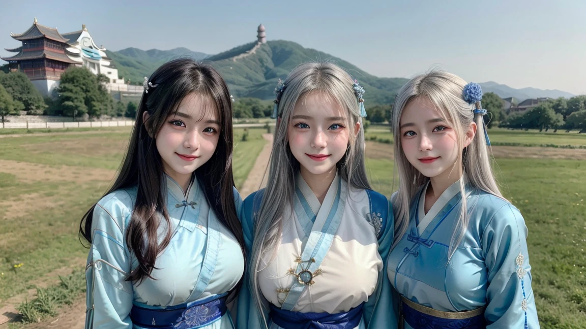 (3 girls), Young faceอินโดนีเซีย, s,smile,Silver hair, white skin, Round breast,eyes,((Wear Chinese Hanfu costume))Masterpiece, Highest quality, 8K, beautiful girl, Young face、 photography, Cute face, thigh,In the meadow, Embarrassing、รอยsmile、((((((อายุ 12 years))))) waist、 ((Busty breasts))