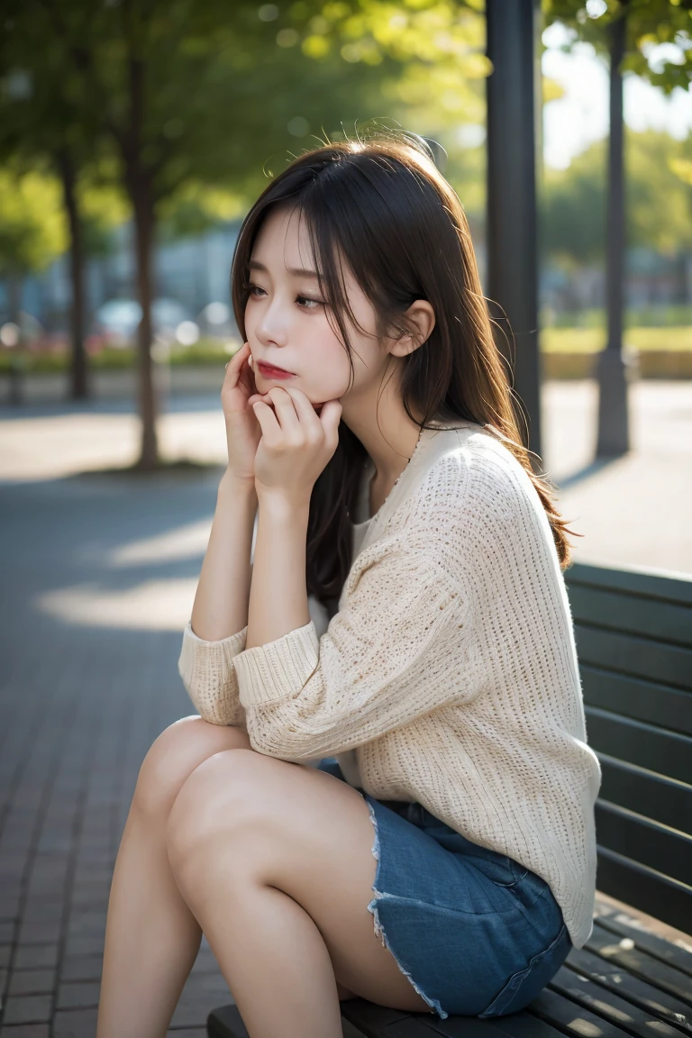 trip ,Depressed woman sitting on a bench,Are crying, Highest quality, shape, Very detailed, In detail, High resolution, 8k wallpaper, Perfect dynamic composition, Full Body Shot