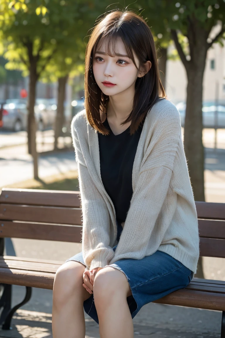 trip ,Depressed woman sitting on a bench,Are crying, Highest quality, shape, Very detailed, In detail, High resolution, 8k wallpaper, Perfect dynamic composition, Full Body Shot