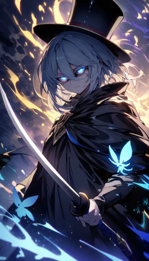 Holding a sword, shadowy face, glowing eyes, black cape, black top hat, blue full moon, blue fairy, golden aura
