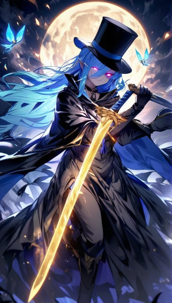 Holding a sword, shadowy face, glowing eyes, black cape, black top hat, blue full moon, blue fairy, golden aura