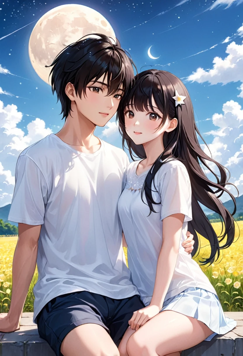 Couple, There are only two people, A beautiful woman with long hair wearing a white shirt, cute anime-style face, realistic anime girl, Chisato, black hair with bangs, Kurumi, cute and delicate face, young cute pale Asian face, Sakimichan, midday moon and stars in the sky, Realistic anime boy, A handsome boy in a white shirt, girl sitting in boy's arms, Smiling at the camera ((Look at each other))