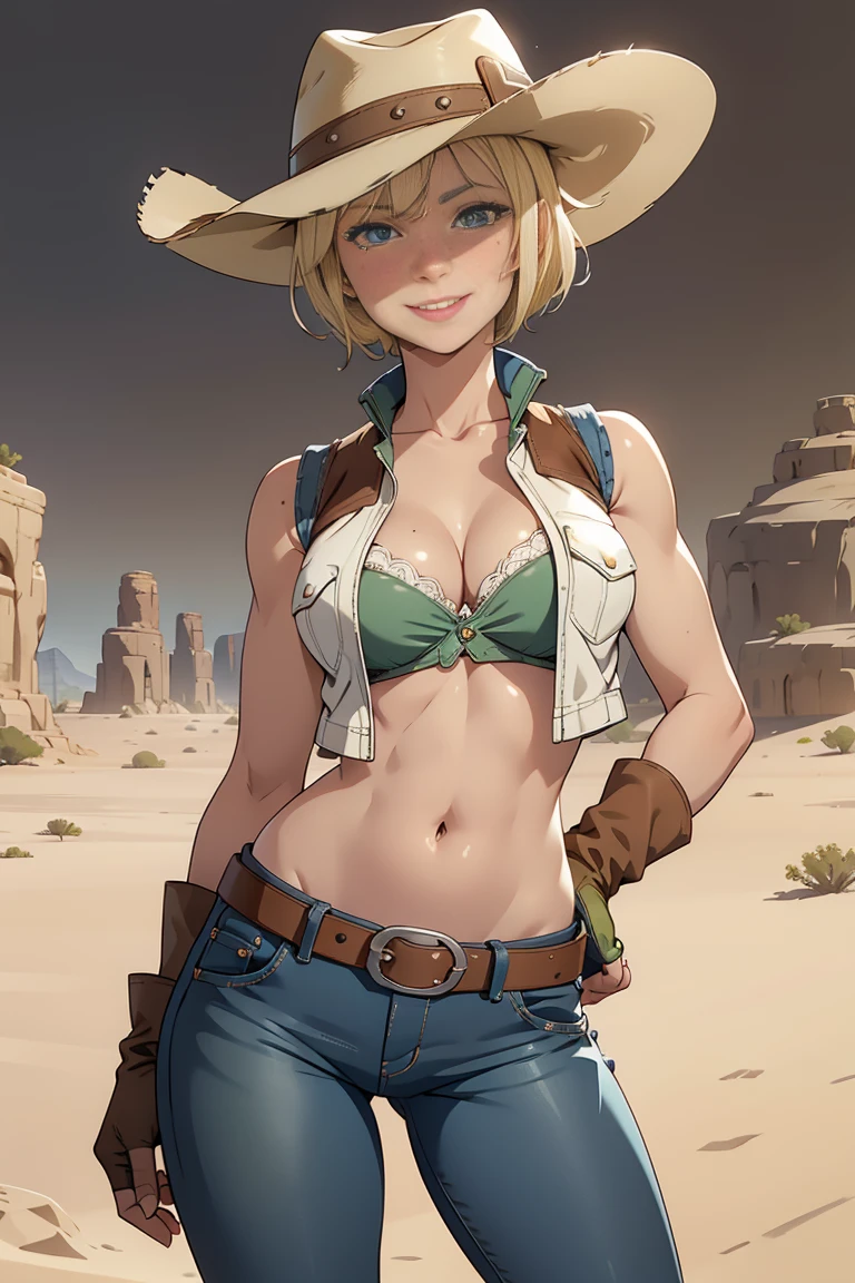 One girl, Cowboy hat, White bra, Green vest, Sleeveless, belly button, Blue Jeans, Brown boots, Fingerless gloves, Short gloves, smile, short hair, Blonde, Parted bangs, blue eyes, Mole under right eye, American Old West, Sunny desert background, belt, Highest quality, masterpiece