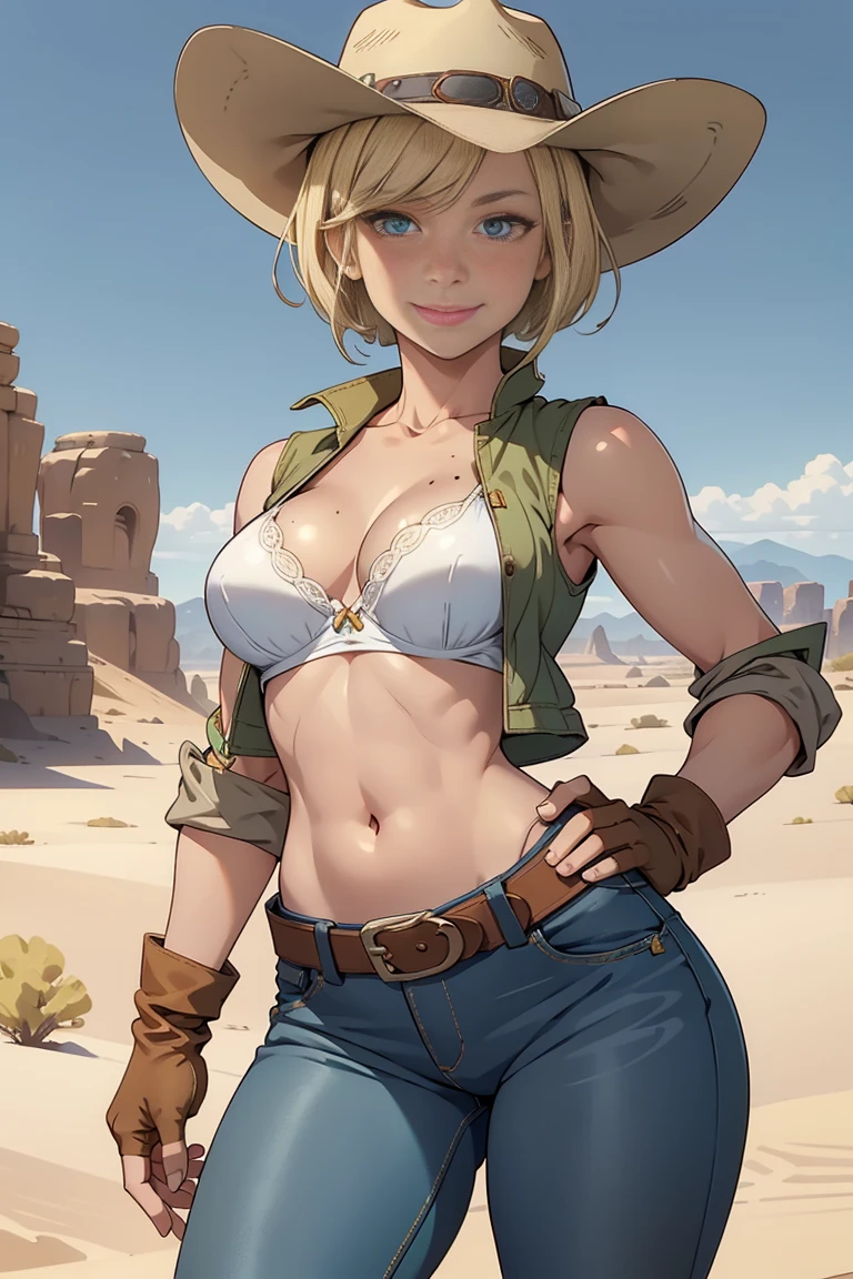 One girl, Cowboy hat, White bra, Green vest, Sleeveless, belly button, Blue Jeans, Brown boots, Fingerless gloves, Short gloves, smile, short hair, Blonde, Parted bangs, blue eyes, Mole under right eye, American Old West, Sunny desert background, belt, Highest quality, masterpiece