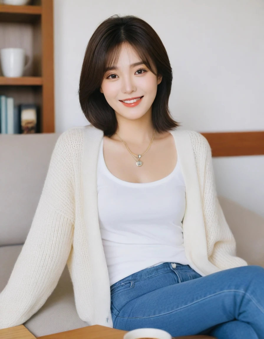Beautiful Korean Woman , 32 inch chest size, Your eyes are big and pretty. Wearing a cardigan with a blouse, casual pants, short medium hair, Smile. necklace, sit on the sofa , There is a ceramic coffee cup on the table. uhd