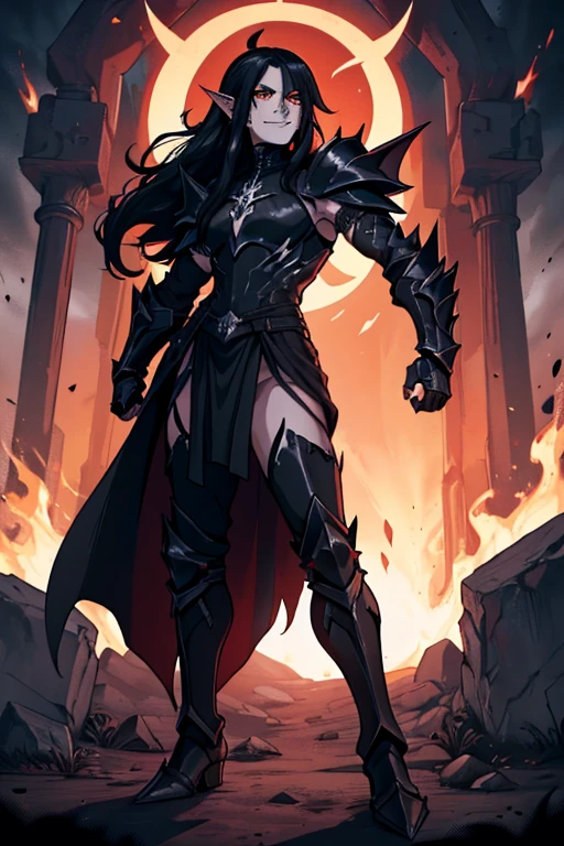 male, black long hair in ponytail, orange eyes, dark elf, dark skin, pointed ears, (((1boyl))), (((black metal armor))), (black metal clawed gauntlets), (black metal boots), (black metal shoulder guards), (black metal hip guards), (red cape), long legs, smiling, handsome